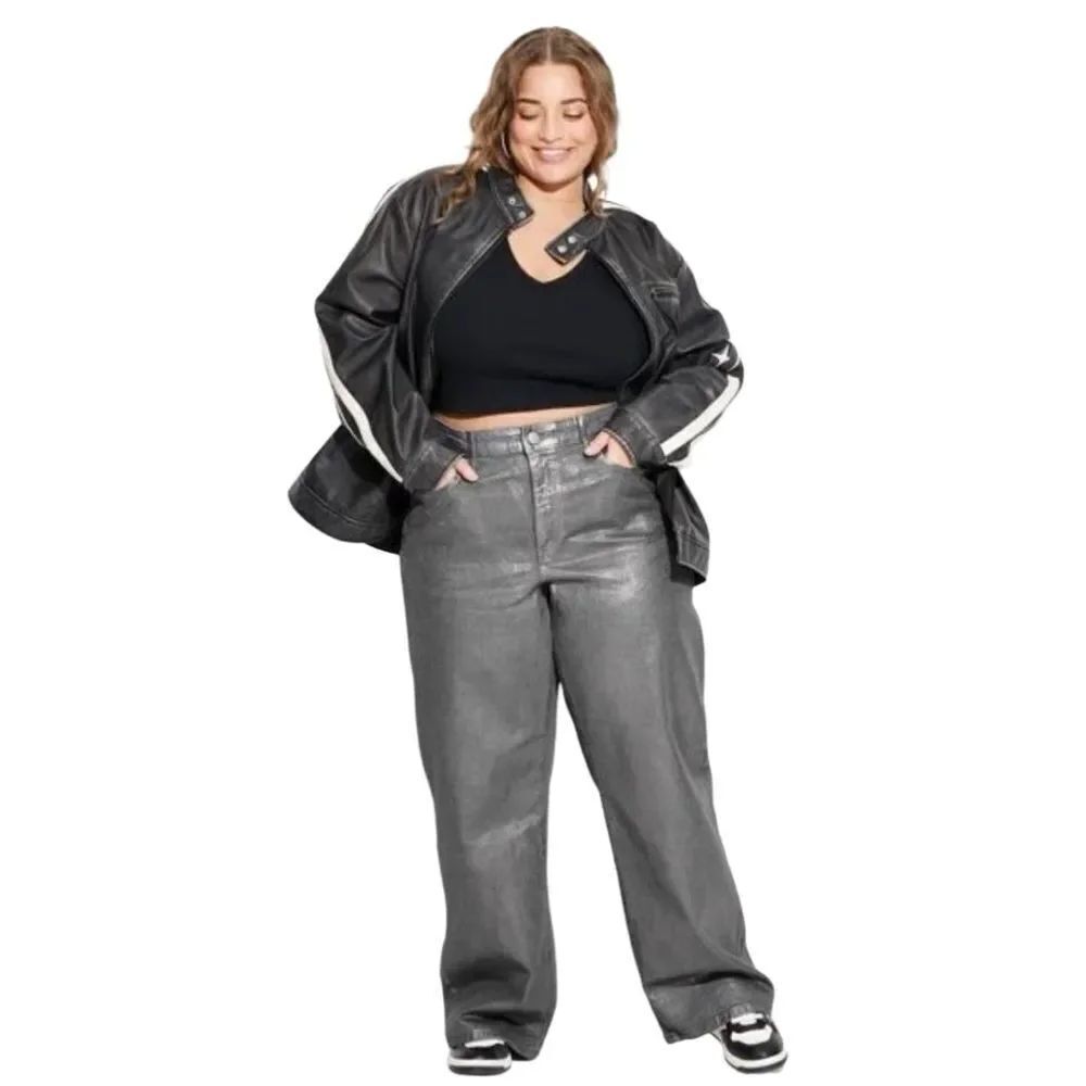 Wild Fable Women's High-Rise Baggy Jeans Metallic Shimmer Grey Size 17